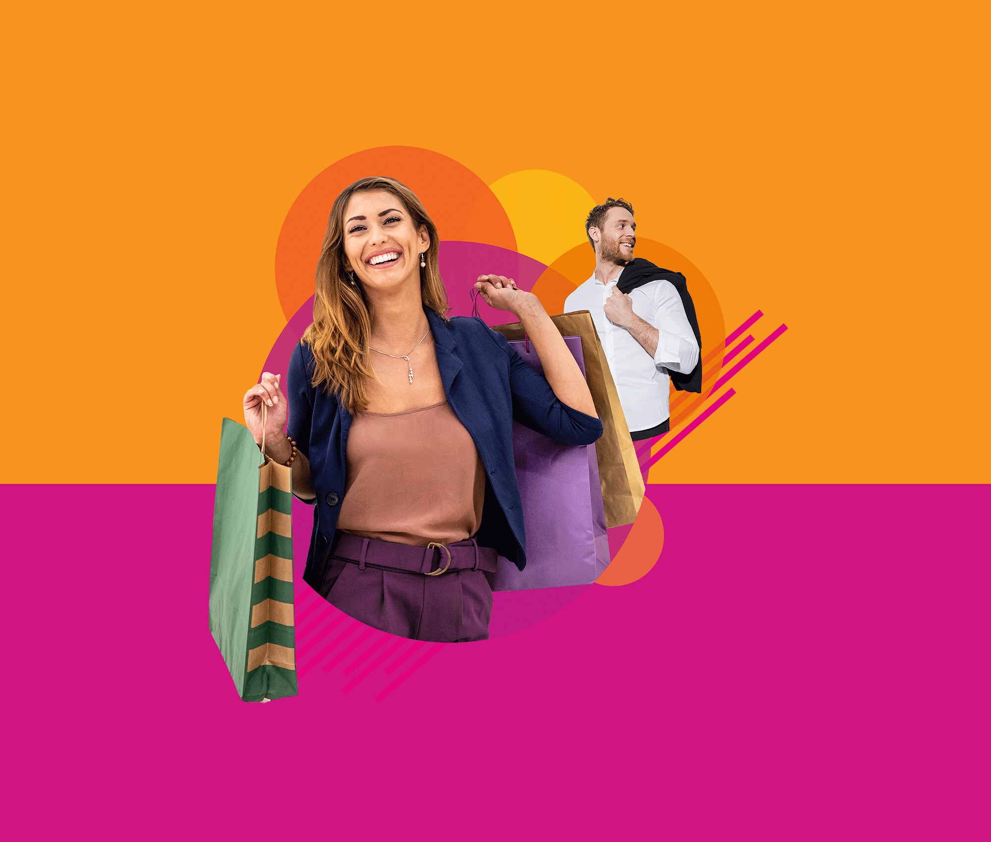 A woman with shopping bags and a man with a jacket over his shoulder in front of a yellow and pink background.