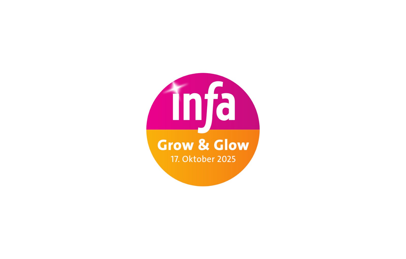 Logo of the infa 2025 trade fair in Hanover. At the top, the word &#34;infa&#34; is written in white on a pink background with a sparkle effect on the letter “i”. Below, on an orange background in white text: &#34;Grow &amp; Glow&#34; and &#34;17 October 2025&#34;.